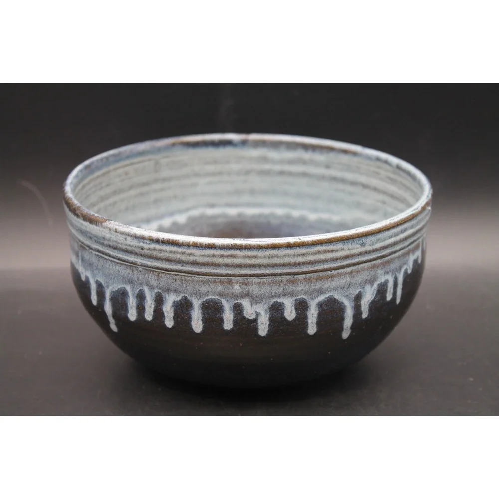 Signed Studio Art Pottery Bowl Blue Brown Drip Glaze 7.5